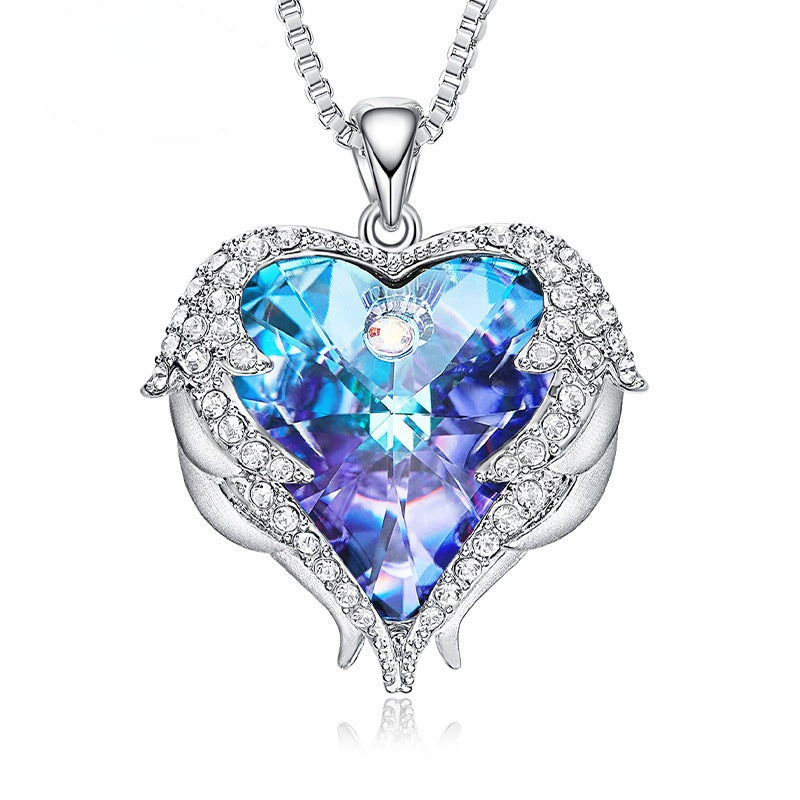 Collier Cœur Bleu Cristal Ailes d’Ange