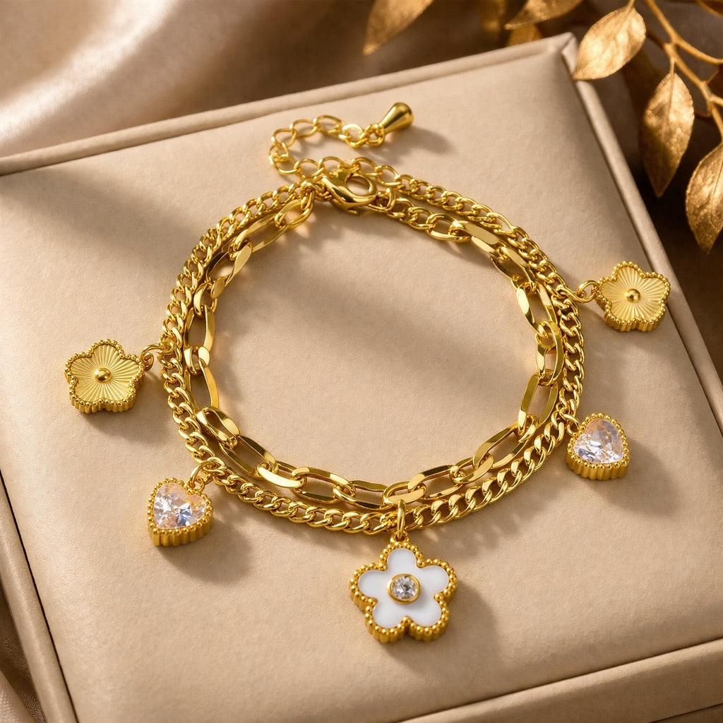 Bracelet Doré Cœur & Fleur Double Chaîne