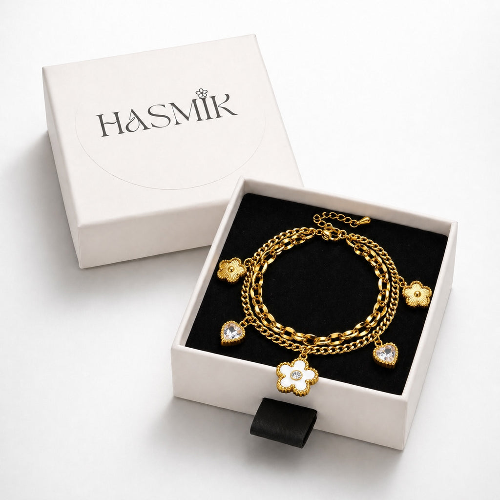 Bracelet Doré Cœur & Fleur Double Chaîne