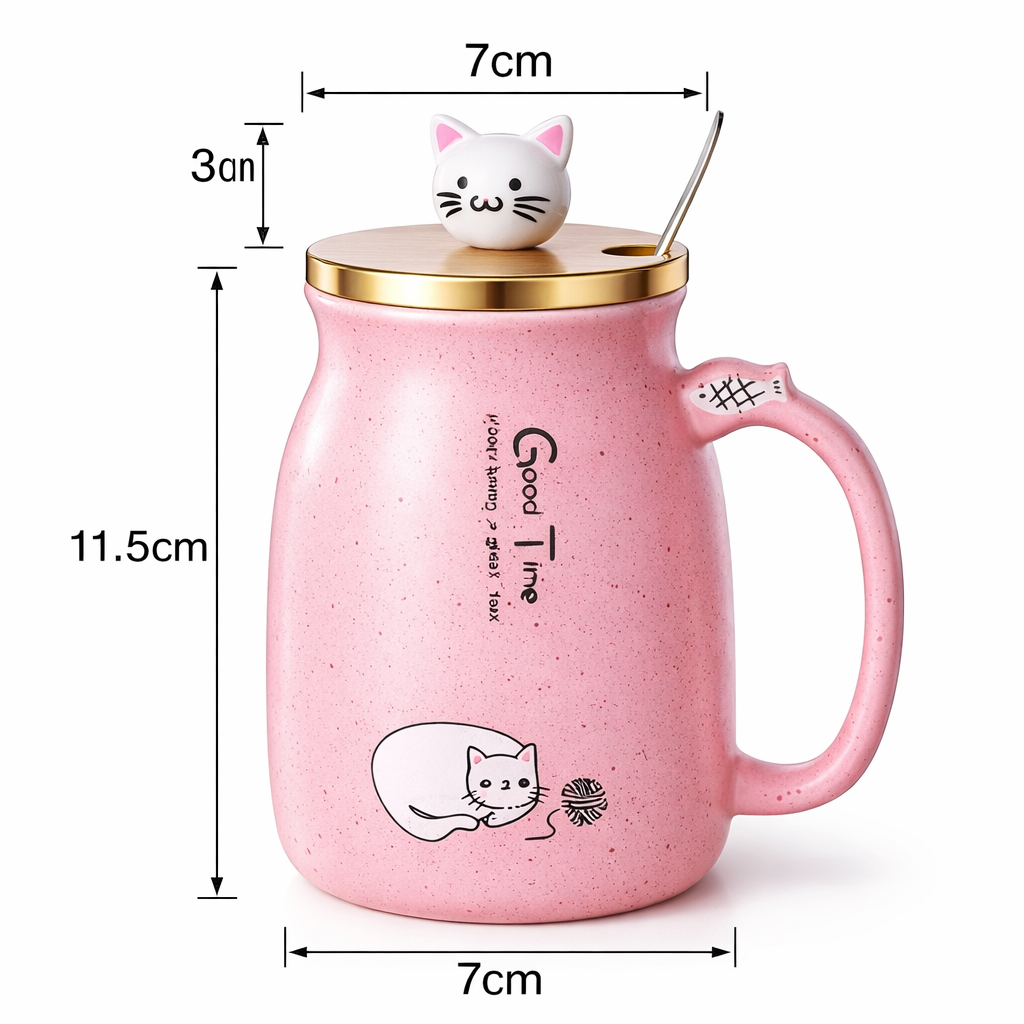 Mug Chat Céramique 450 ml avec Couvercle et Cuillère