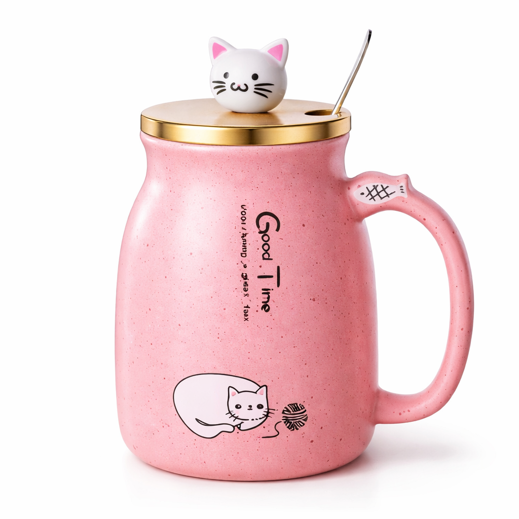 Mug Chat Céramique 450 ml avec Couvercle et Cuillère