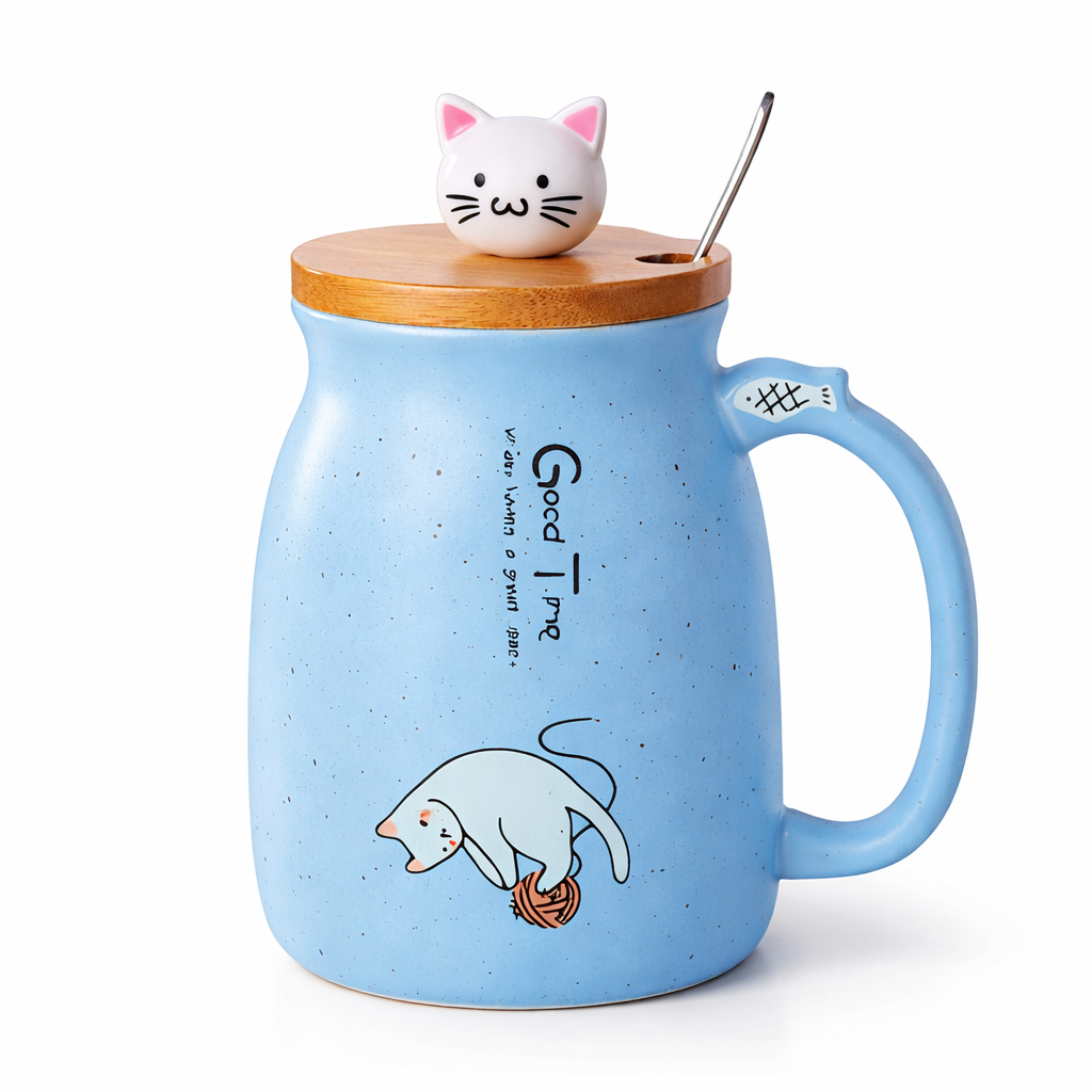 Mug Chat Céramique 450 ml avec Couvercle et Cuillère