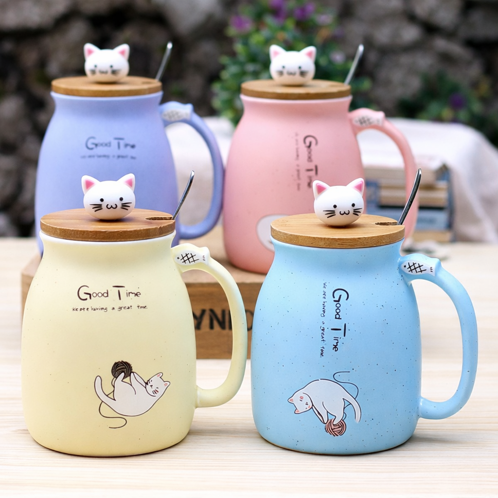 Mug Chat Céramique 450 ml avec Couvercle et Cuillère