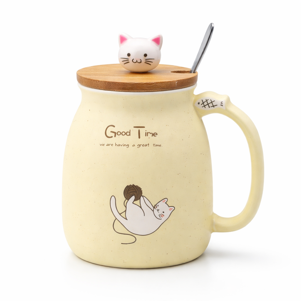 Mug Chat Céramique 450 ml avec Couvercle et Cuillère