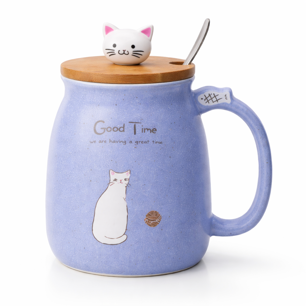 Mug Chat Céramique 450 ml avec Couvercle et Cuillère