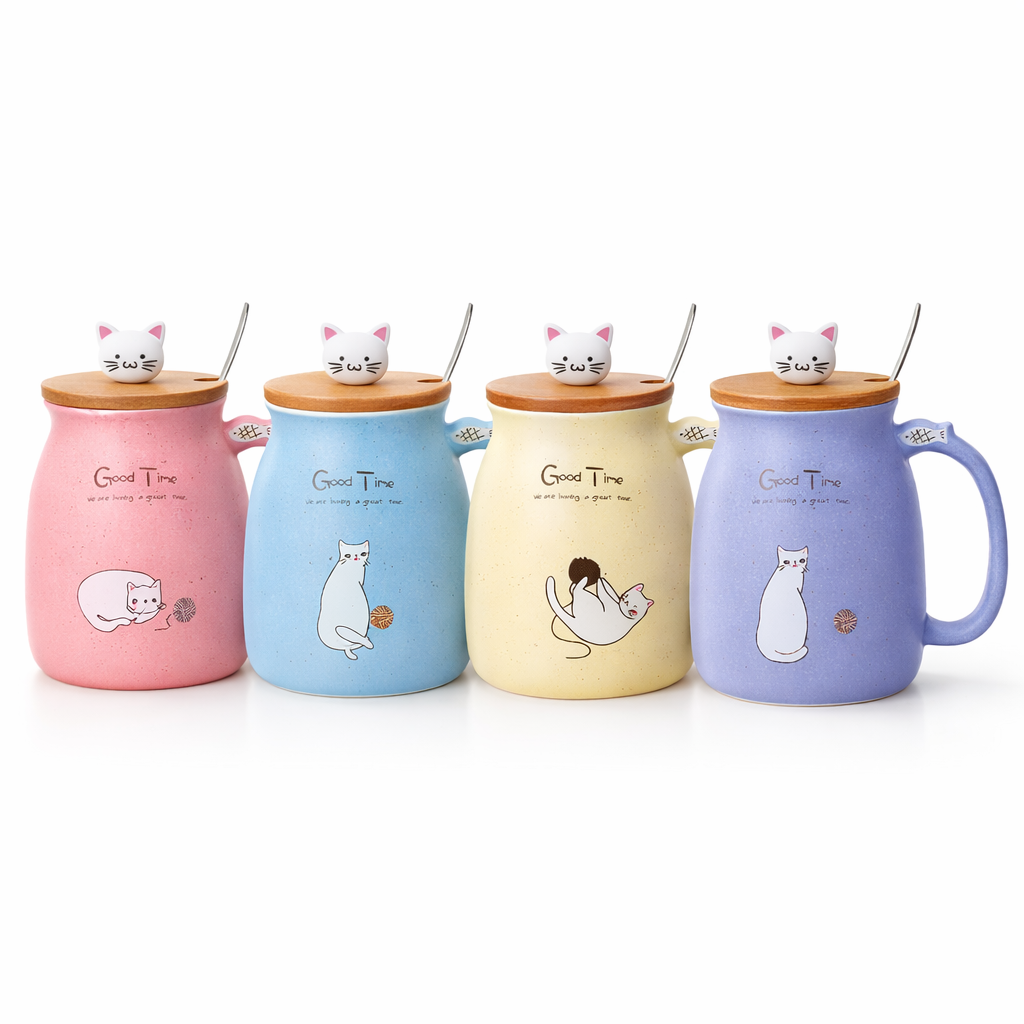 Mug Chat Céramique 450 ml avec Couvercle et Cuillère
