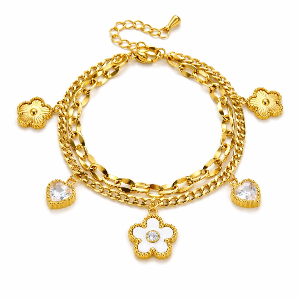 Bracelet Doré Cœur & Fleur Double Chaîne