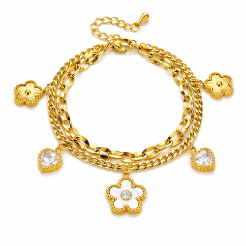 Bracelet Doré Cœur & Fleur Double Chaîne