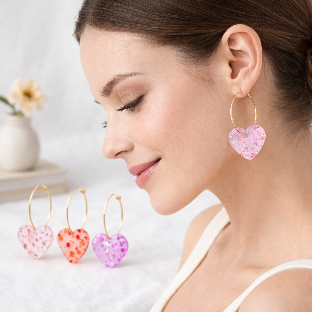 Boucles d’Oreilles Cœur Minimalistes Acrylique Pailleté