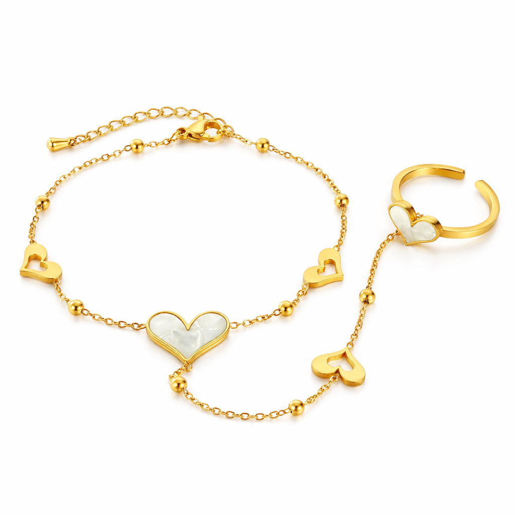 Ensemble Bracelet et Bague Cœur en Acier Inoxydable