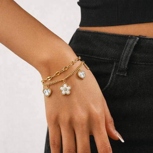 Bracelet Doré Cœur & Fleur Double Chaîne