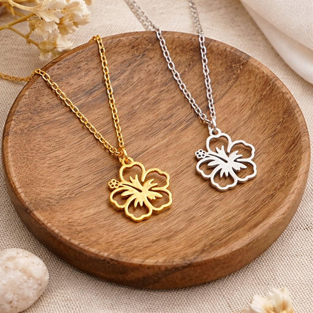 collier-fleur-hibiscus-dore-argente
