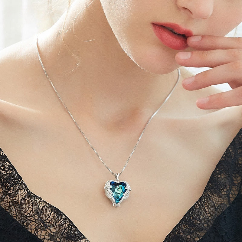 Collier Cœur Bleu Cristal Ailes d’Ange